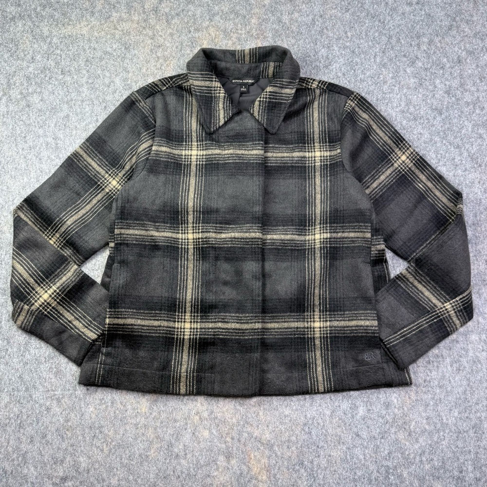 Banana Republic Snap Front Jacket Women's Size S Grey Plaid Long Sleeve Collar